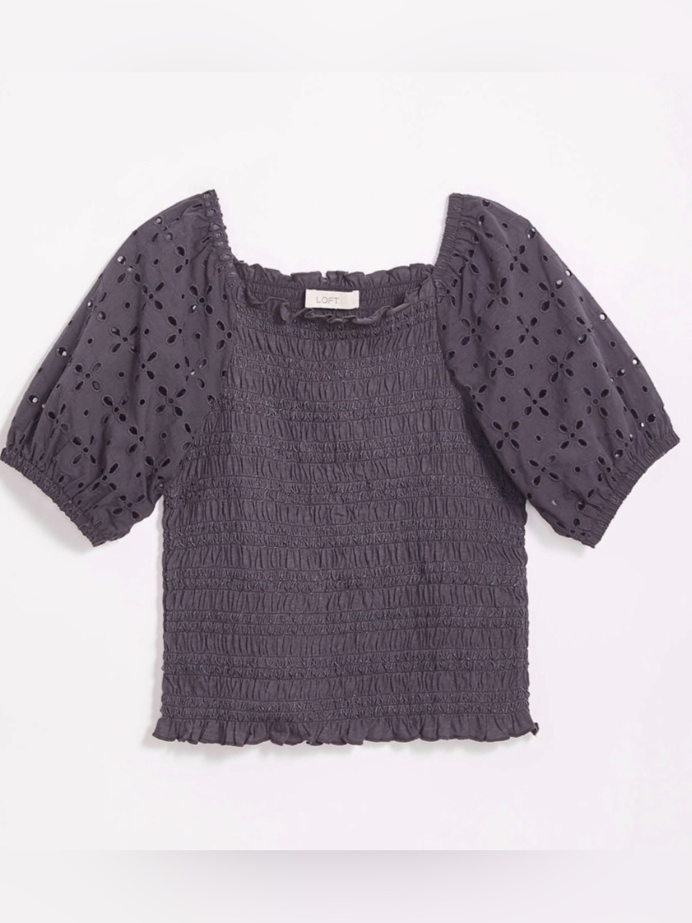 LOFT Dark Grey Smocked Eyelet‎ Puff-Sleeve Crop Top Size M #402